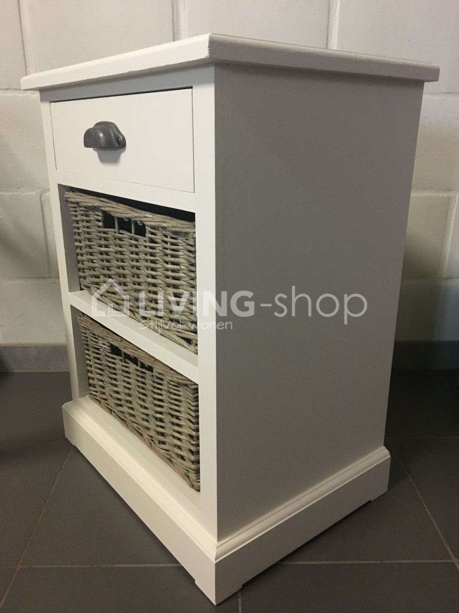 Country style white bedside tables with baskets night online